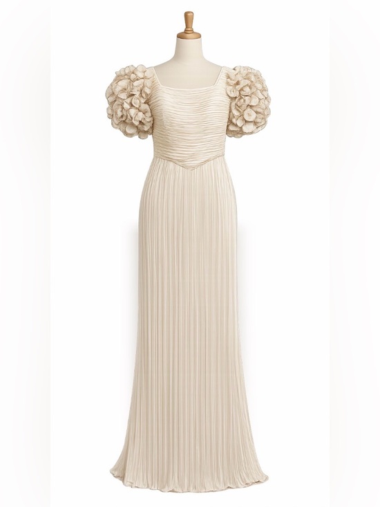 Dresses & Skirts - Vintage Ivory Pleated Maxi Dress Statement Sleeves Rosette Formal 10